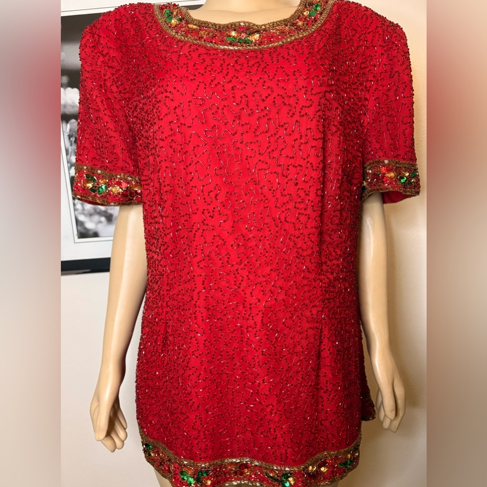 ❎ SOLD❌Vintage Papell Boutique 100% Silk Sequin Beaded Blouse Size 3X